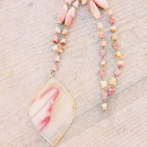 Vintage Pink & Cream Agate Huge Pendant Boho Beaded Necklace